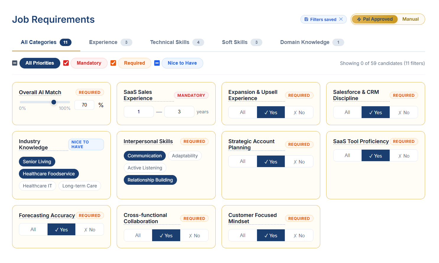 ATS Pal portal: per-requirement filters and Pal Approved candidates in the results table